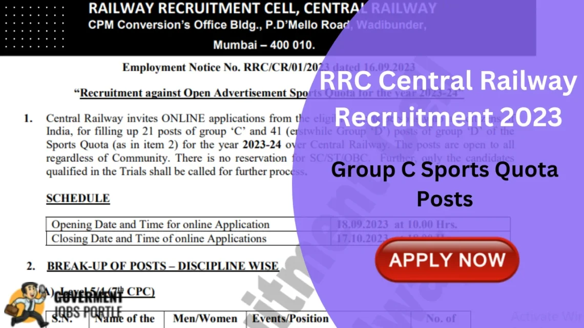 RRC Central Railway Recruitment 2023 For Various Group C Sports Quota Posts, Apply Online