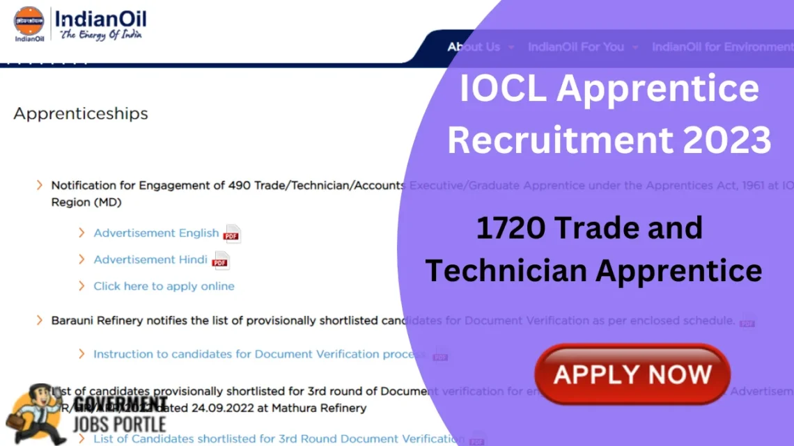 IOCL Apprentice Recruitment 2023 for 1720 Trade and Technician Apprentice Posts, Apply Online